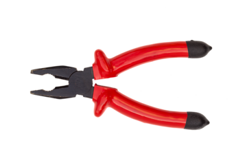 Photo of black and red pliers with open lips, the painted metal surface of which is scratched and the paint has come off. On top of a flat lay, isolated on transparent background. Blank for artworks