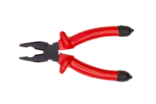 Photo of black and red pliers with open lips, the painted metal surface of which is scratched and the paint has come off. On top of a flat lay, isolated on transparent background. Blank for artworks