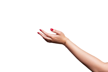 A young woman's hand reaching out to accept something with a cupped hand isolated transparent