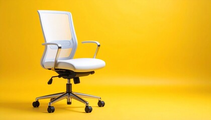 A sleek white office chair with metal armrests and five-wheel base stands against a bright yellow background. Minimalist and modern, the image highlights ergonomic design and workspace style.