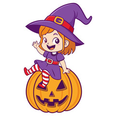 Cute Little Witch Girl Sitting Inside Pumpkin Jack O Lantern Vector Illustration