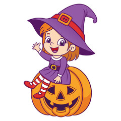 Cute Little Witch Girl Sitting Inside Pumpkin Jack O Lantern Vector Illustration