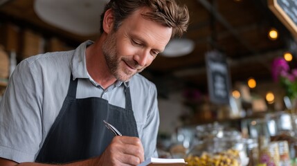 Man writes in a notepad while working in a cozy café surrounded by jars of treats and warm lighting