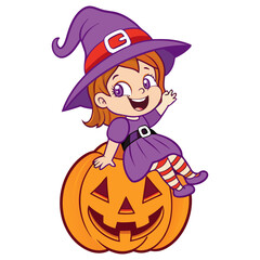 Cute Little Witch Girl Sitting Inside Pumpkin Jack O Lantern Vector Illustration