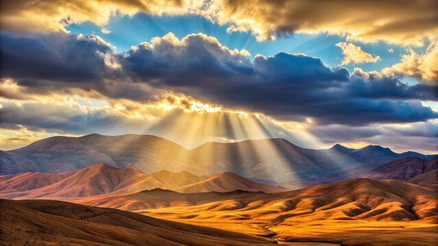 Dramatic Sunbeams Pierce Clouds Over Arid Mountain Landscape at Sunset rays of light crepuscular rays