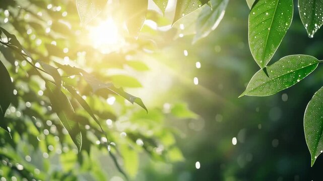 Morning light shining through dewy leaves forest nature photography tranquil environment close-up view freshness and renewal concept