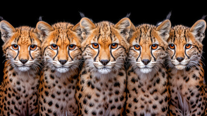 Fototapeta premium Group of five cheetahs with striking features and vivid fur patterns against a dark background