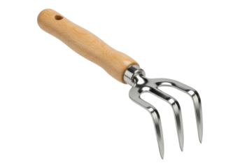 Wooden handheld gardening fork with metal tines