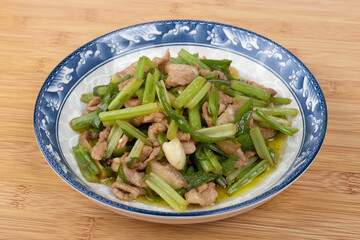 Stir-fried pork with celery on the plate