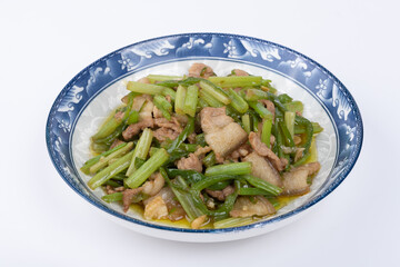 Stir-fried pork with celery on the plate