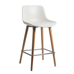 Modern White and Wood Bar Stool with Chrome Footrest on Black Background