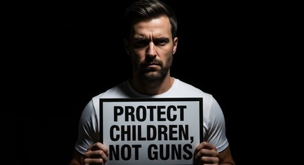 Somber portrait of a man with determined expression advocating for child safety over firearms rights