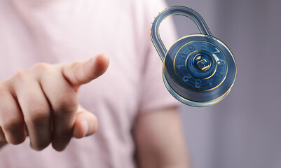 Secure your data! Image depicts a hand interacting with a digital combination lock, symbolizing...