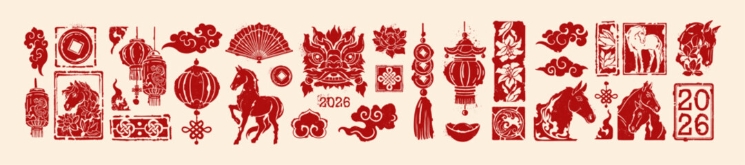 Chinese New Year icon, vector hand drawn Asian holiday 2026 horse print set, red celebration design. Traditional oriental decorative design elements, lucky coin sign, lantern, dragon. Chinese icon kit © Oleksandra