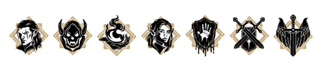 Fantasy game icon, vector UI RPG badge set, hand drawn magic weapon silhouette, reward skill sign. Medieval dark fairy tale print, sword, shield symbol, ancient dungeon dragon graphic. Game icon logo