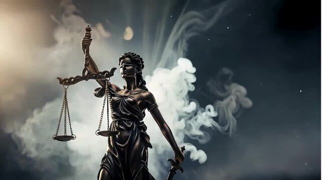 Powerful Lady Justice statue with sword and scales symbolizes law and order, justice, and fairness in dramatic lighting.