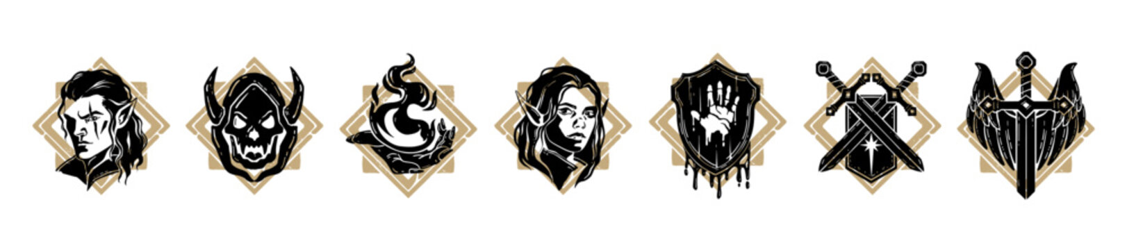 Fantasy game icon, vector UI RPG badge set, hand drawn magic weapon silhouette, reward skill sign. Medieval dark fairy tale print, sword, shield symbol, ancient dungeon dragon graphic. Game icon logo