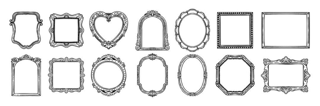 Doodle picture frame, hand drawn line vintage border, classic gallery empty decor vector baroque art. Ornamental decoration design elements, round, heart, oval shapes, swirl arch. Picture frame icon