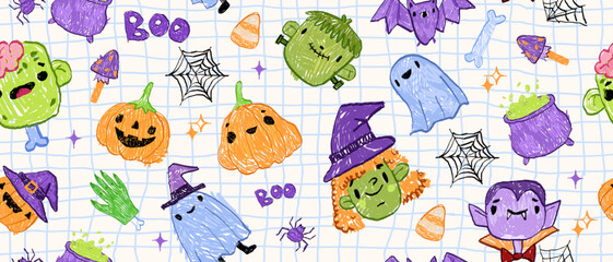 Kids Halloween seamless pattern, spooky funny childish texture vector hand drawn doodle autumn print. Scary cartoon monster background, holiday pumpkin face fabric design. Naive cute Halloween pattern © Oleksandra