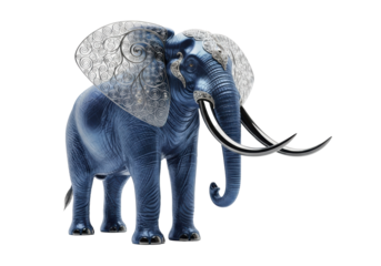 Majestic ethereal deep blue silk-like elephant with silver filigree ears, obsidian tusks, gently swaying trunk, transparent background, soft cinematic lighting, otherworldly grace