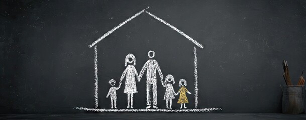 Chalk drawing of a family inside a house on a chalkboard. Parents, children, home concept