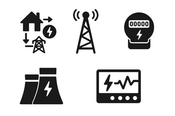 Smart grid solid glyph icon set. Vector collection of energy system symbols. Includes power station, data tower, smart meter, home electricity flow, and control monitor graphic.