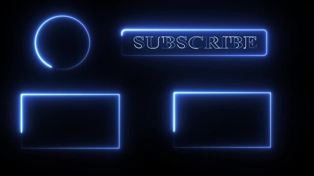 Futuristic glowing blue neon subscribe button and end screen elements on a dark background