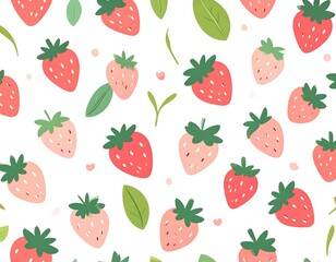Seamless pattern of stylized strawberries and leaves on white background
