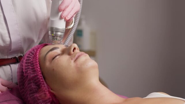 A close-up of the microneedle RF lifting procedure in a beauty salon. A young woman enjoys high-quality facial treatment, highlighting the significance of professional cosmetic procedures.