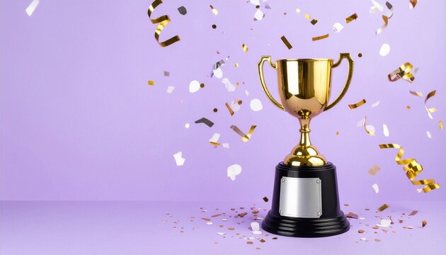 A glowing golden trophy stands tall on a black base against a soft purple backdrop, surrounded by celebratory confetti—symbolizing achievement, recognition, and the joy of success.