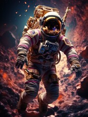 A lone astronaut floating in space with an orange nebula background and detailed spacesuit design