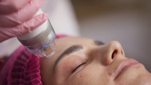 A close-up of the microneedle RF lifting procedure in a beauty salon. A young woman enjoys high-quality facial treatment, highlighting the significance of professional cosmetic procedures.