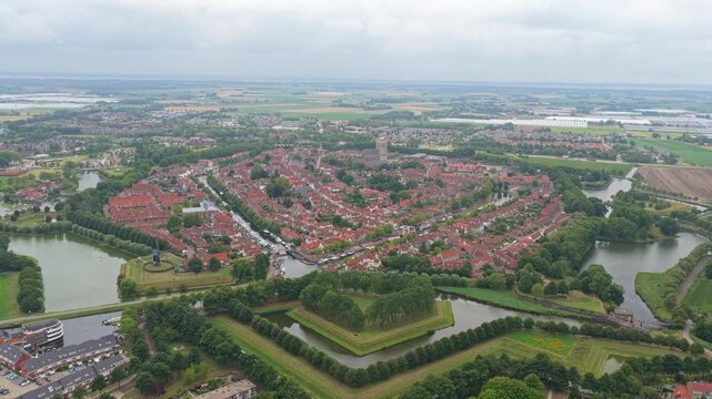 Drone shot of historic fortified town Brielle with canals and walls, Netherlands