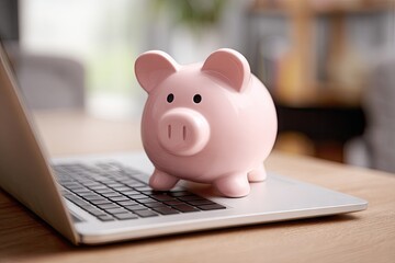 Pink piggy bank on laptop, representing savings and online finance