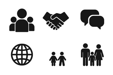 Black solid society and community icon set, people group, handshake, speech bubbles, globe, family, children. Social network, communication, teamwork, partnership. Vector illustration isolated
