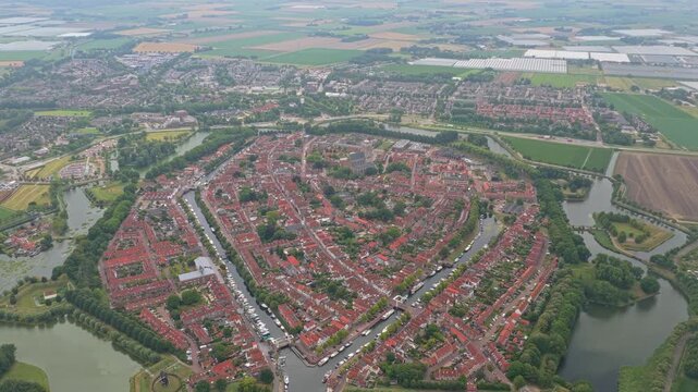 Aerial capture of Brielle old fortress city and moat system, Netherlands