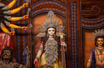Subho mahalaya, An handmade idol of Goddess Durga decorated in colorful Pandal. Durga Puja is biggest religious festival of Hinduism and for bengalis and is now celebrated worldwide.