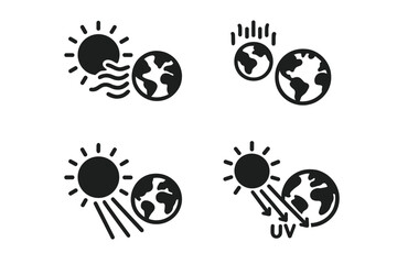 Obraz premium Solar Earth Icon Set. Solid Filled Vector Illustrations of Sun-Earth Interactions Including Solar Wind, Aurora, Sunbeam Strike, Ultraviolet UV Radiation, Space Weather Phenomena Concepts