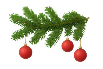 Christmas scene displaying fir branch hanging glossy red ornaments, transparent backdrop highlighting seasonal decorative elements
