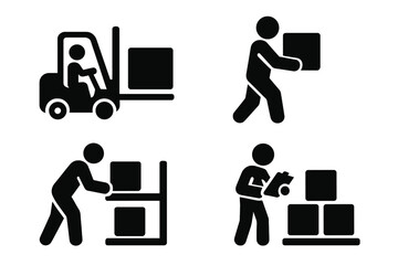 Warehouse worker icons. Logistics and shipping glyph set. Operator driving forklift, mover carrying box, stock clerk with inventory list and person shelving parcel vector.