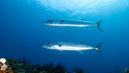 Fototapeta premium Two slender fish swim in clear blue ocean water above a blurry coral reef