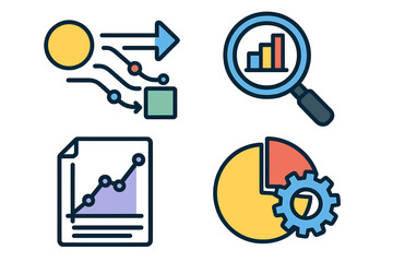 Set of data analysis icons. Vector symbols for analytics, workflow, and business intelligence. Infographic elements for data flow, research report, and statistics chart.