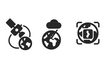 Obraz premium Earth Observation Space Icons Set. Solid Filled Vector Symbols of Oribting Satellite, Planet Tracking, Cloud Detection, Thermal Imaging, Global Monitoring, Geospatial Analysis, Science Technology