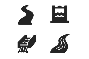 Solid filled water channel icons set. Curving river icon, canal lock, irrigation water flow, liquid stream symbol. Black flat design vector for waterways, irrigation, aqua infrastructure concepts