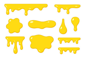 Set of honey drips and liquid yellow shapes. Golden syrup or oil drops and splashes. Melted cheese sauce stains. Cartoon vector illustration elements for food background design.