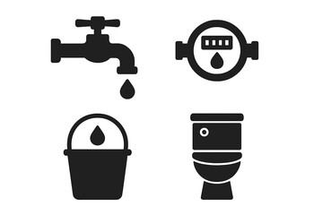 Water conservation icons set. Dripping faucet, water meter, bucket, toilet. Solid black filled vector illustrations. Water saving, plumbing, utility, sanitation, eco-friendly, household concepts.