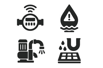 Smart Water Management Solid Icon Set. Water Meter, Leak Detection, Pump System, Drainage, Liquid Flow, Sensor, Infrastructure, Utility, Plumbing, Control, Safe Supply, Vector Clipart