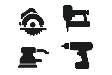 Power tools icon set. Solid glyph pictograms of circular saw, nail gun, electric drill, power sander. Carpentry, construction, woodworking, workshop, repair, equipment symbols.