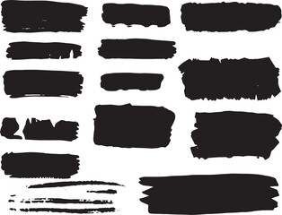 Brush set. Vector black paint brush spots, highlighter lines or felt-tip pen marker. Ink smudge abstract shape stains and smear set with texture 