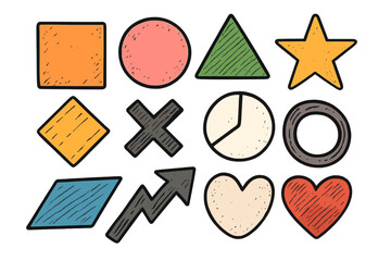 Hand drawn geometric shapes and abstract symbols set. Doodle style cartoon vector icons collection with textures. Square, circle, triangle, star, heart, arrow, cross elements.